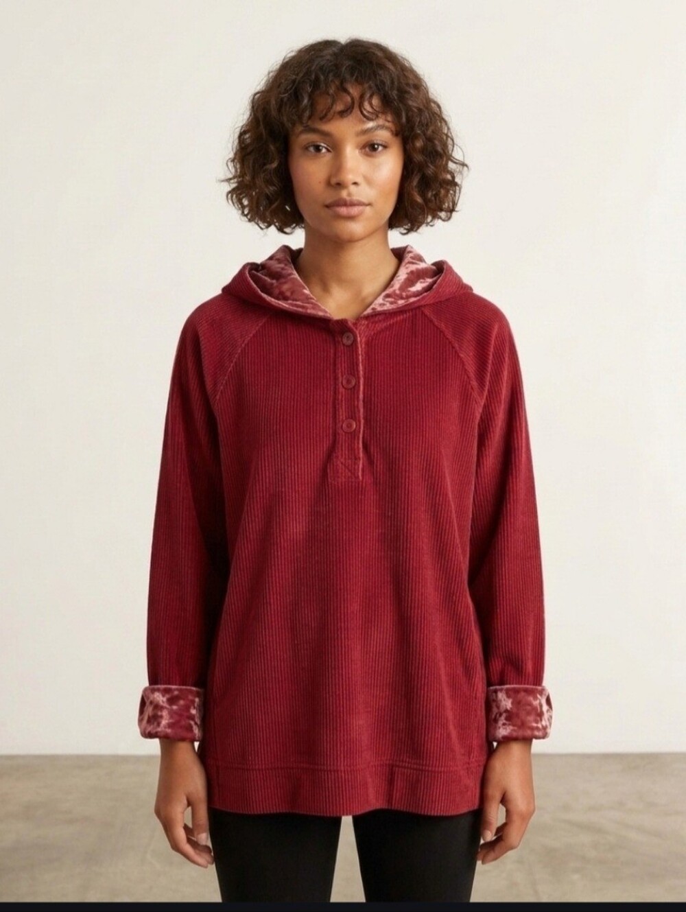 J.Jill Corduroy Shirt Red Velvet Lined Hood Cuffs Long Sleeve Ribbed Women’s Md